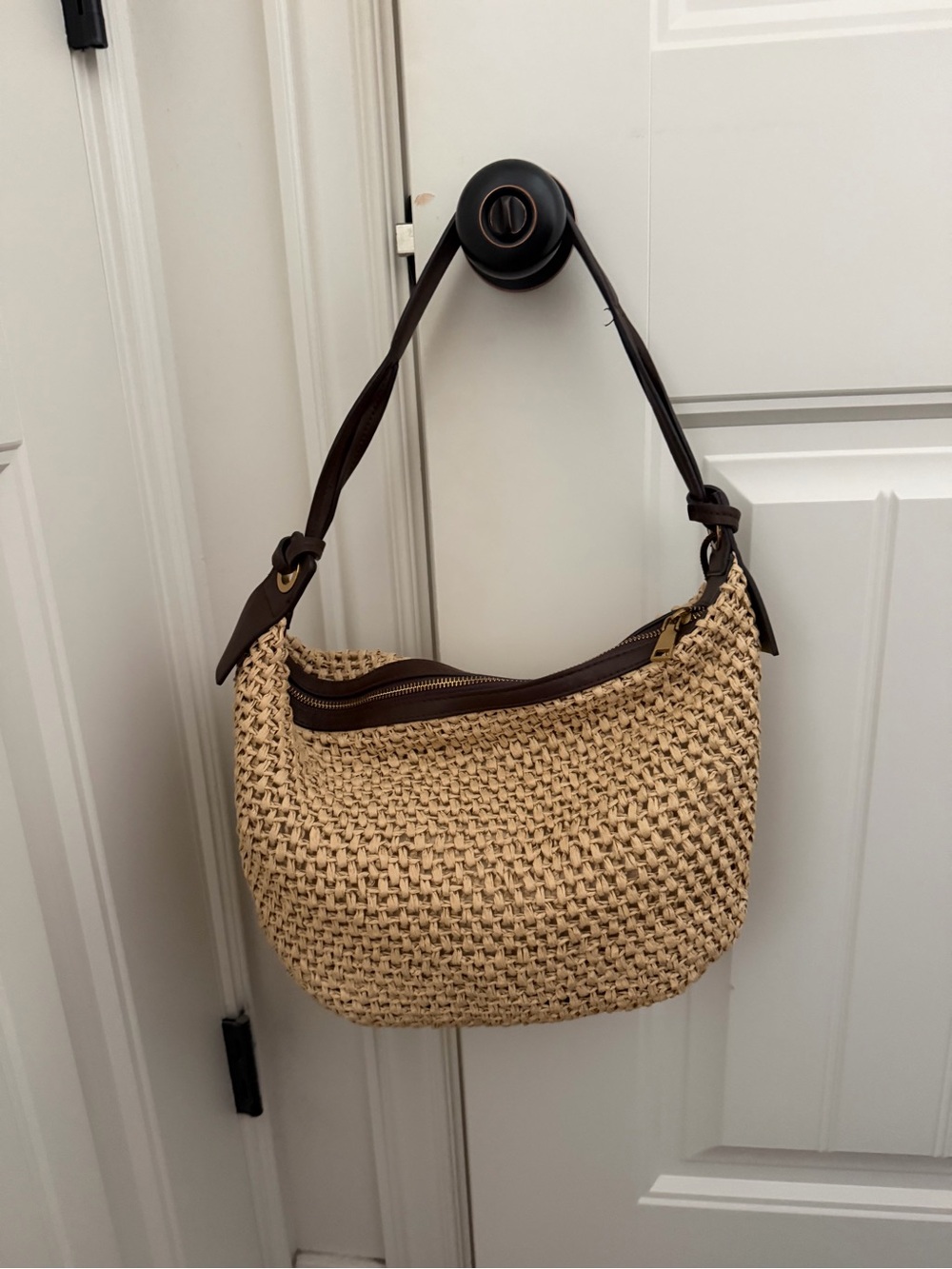 Zara Beige Woven Shoulder Bag with Brown Trim